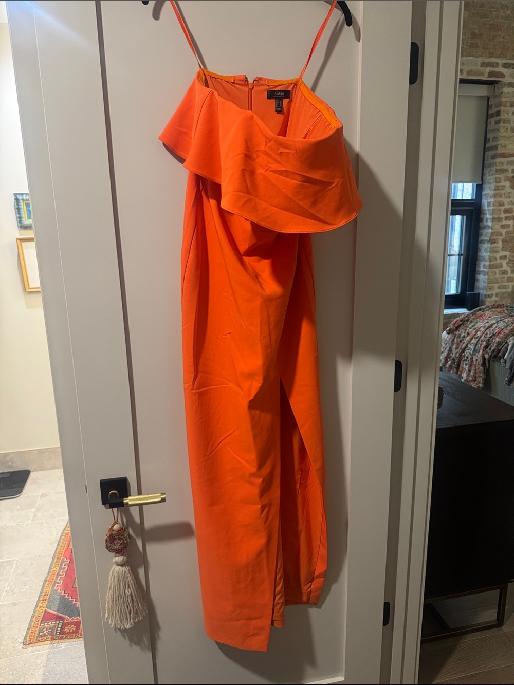 Aidan Mattox Bright Orange Strapless Ruffle Gown